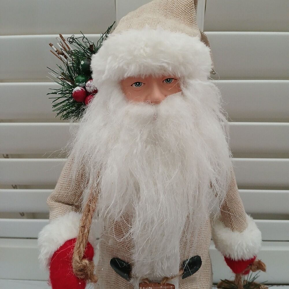 Christmas Santa Figurine Large 18" Tall Fabric Decor Holding Pinecone & Bag - Picture 3 of 13